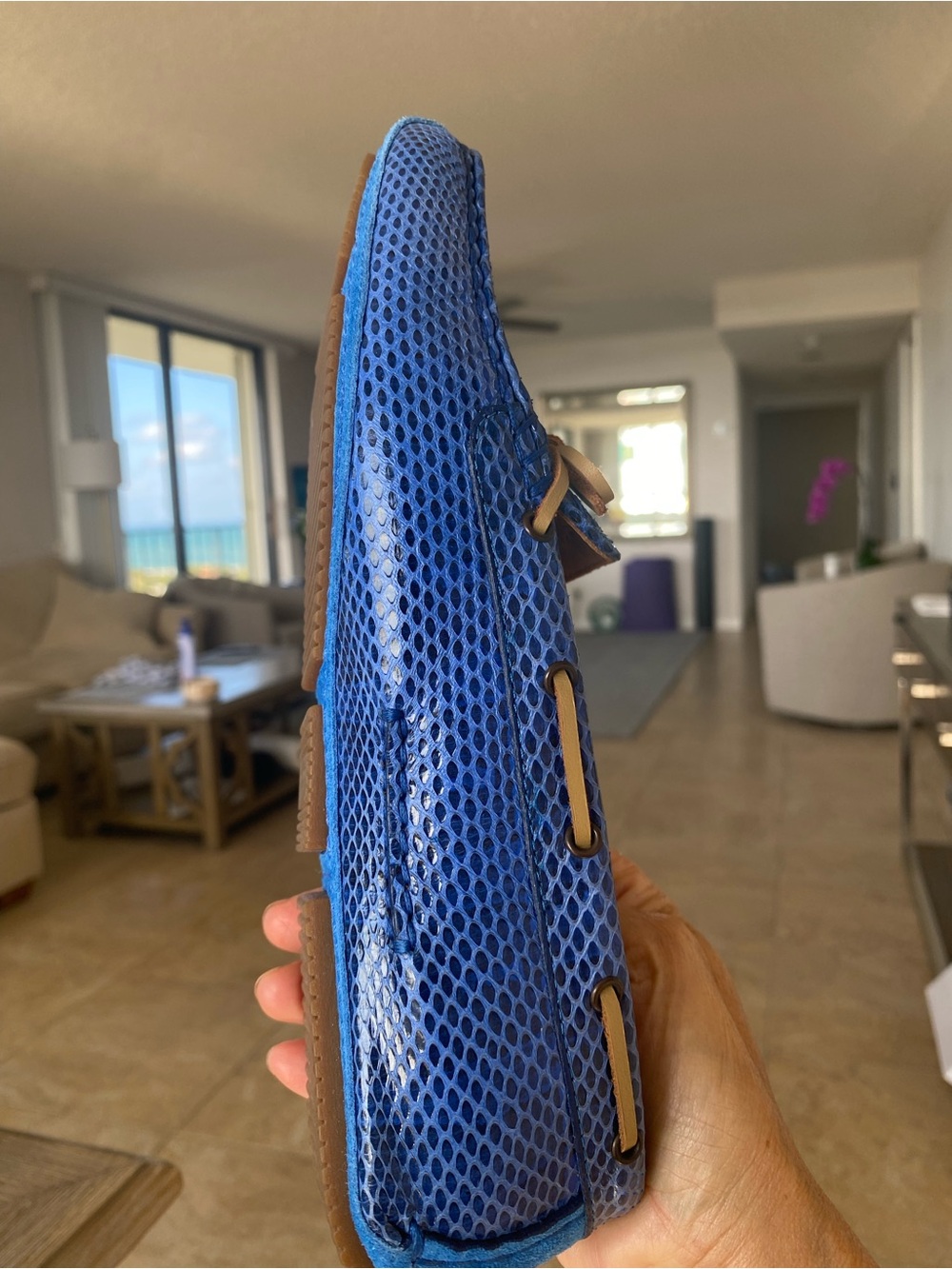 Bottega Veneta Blue Woven Leather Driving Loafers with Tan Bow Size 6 - Picture 8 of 10